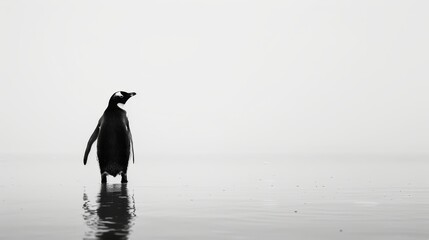 Obraz premium A solitary penguin, standing on an imagined icy expanse, is rendered in minimalist black ink against a white background