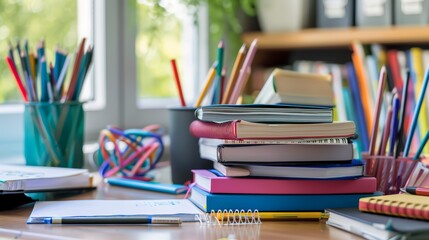 A stack of textbooks and school supplies neatly arranged on a student's desk