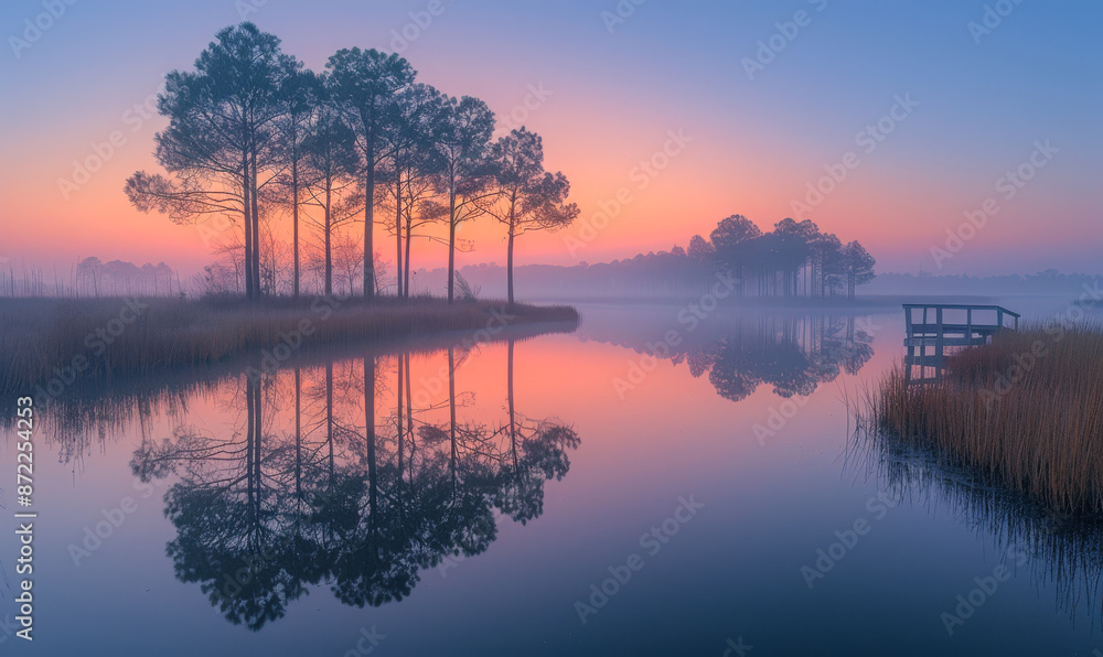 Poster a serene lake with a dock and trees in the background. the water is calm and the sky is a beautiful 