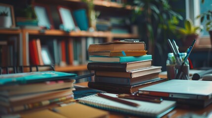 A stack of textbooks and school supplies neatly arranged on a student's desk