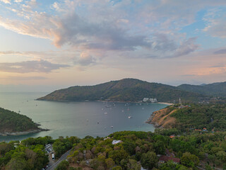 Aerial view cloud in stunning sunset at Promthep cape viewpoint. .Scene of clouds floating in colorful sky in beautiful sunset..Gradient color. Sky texture, abstract nature background..