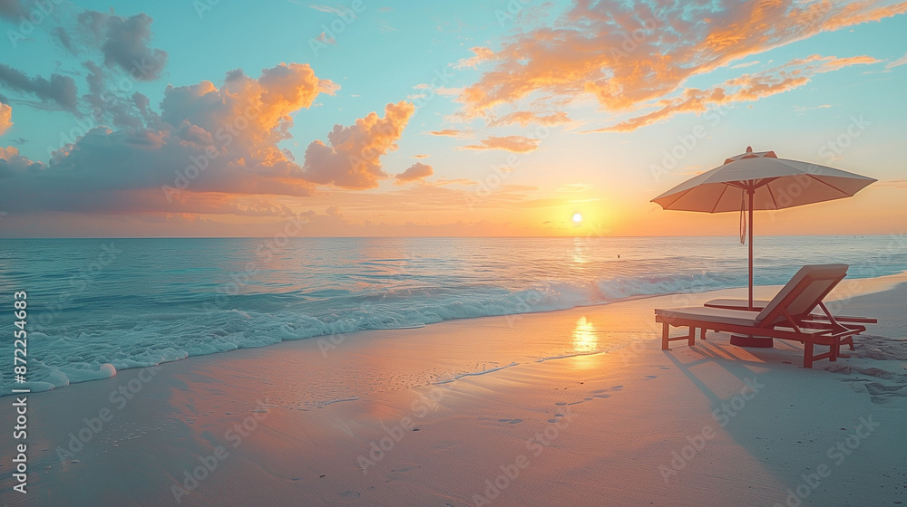 Sticker chaise lounge and umbrella on white clean sand and calm beach with beautiful sunset sky