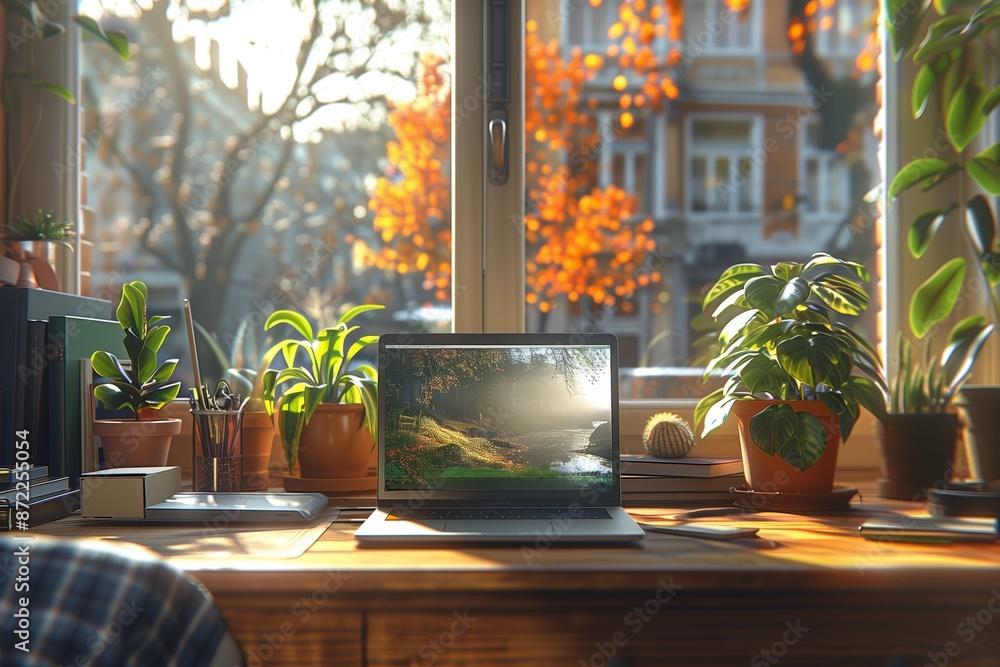 Poster laptop open to a tranquil forest scene with sunlight streaming through window on a fall day