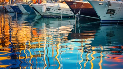 Naklejka premium Yacht hull reflections in the marina during sunset create an abstract, colorful scene on the water.