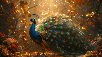 Fantasy scene of a beautiful peacock showing her tail on the main stage. Glittering spotlights shine brightly on her