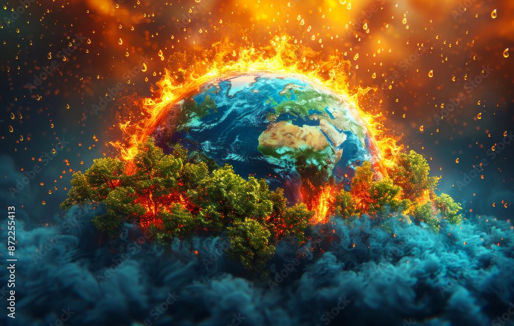 Poster a planet covered in trees and fire. a planet is on fire and surrounded by trees.