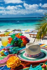 Cinco de Mayo beach party, highlighting a table set with Mexican decorations, including a sombrero