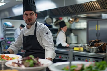 Professional chef in uniform working in a busy restaurant kitchen with fresh dishes in the foreground.
