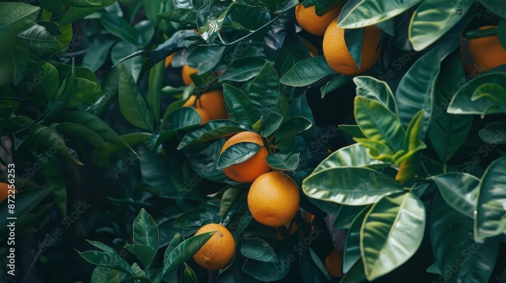 Poster a close-up photo of ripe oranges growing on a tree branch. the oranges are surrounded by green leave
