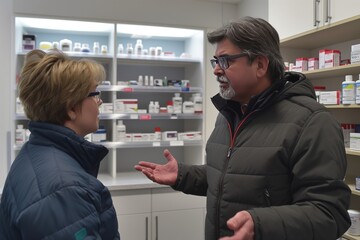 Obraz premium A couple in jackets discussing medication with a pharmacist inside a pharmacy, surrounded by shelves.