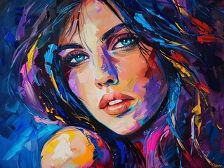 Colorful abstract portrait of a woman with blue eyes and bold brushstrokes, vibrant and emotive.