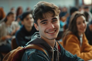 Fototapeta premium Happy college student during a lecture in the classroom looking at camera.