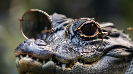 Fototapeta premium Closeup of an alligator donning elegant, round vintage glasses. Generative AI