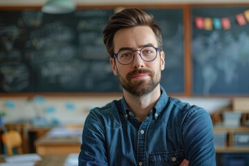 Obraz premium Portrait of confident Caucasian male teacher in classroom