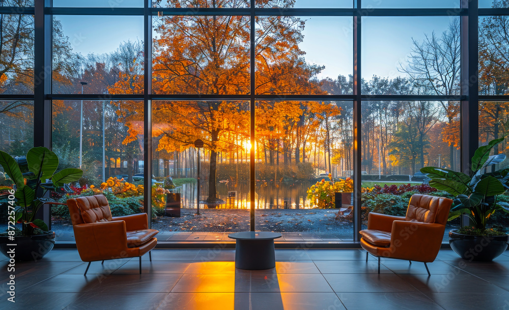 Poster a view of a park with a sunset in the background. there are two orange chairs and a table in the for