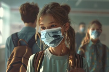 Teacher and children with face mask back at school after covid 19 quarantine and lockdown.