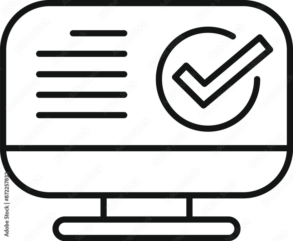 Poster line art icon of a computer screen displaying a check mark, representing a successful task or projec