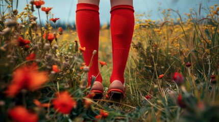 Closeup of person's legs wearing vibrant red socks and skirt amidst a rustic field with wild plants. Generative AI