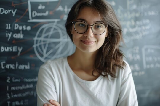 Smiling female teacher explaining grammar rules to students.