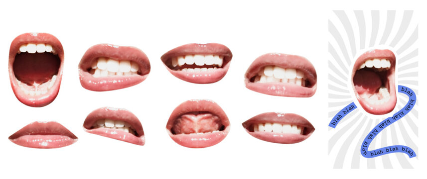 Contemporary color halftone cutouts of a collage of lips and mouths that smile and scream in a retro pop art style. Gossip, fake or pesky news concept. Dadaism elements on a transparent background. 