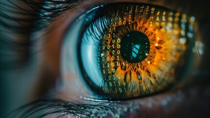 Digital eye. A captivating close-up photograph of an eye reflecting binary code, symbolizing the intersection of technology and human perception.