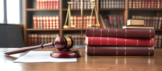 A neat pile of law books with a gavel and a set of legal documents, on a polished desk, with a courtroom background.