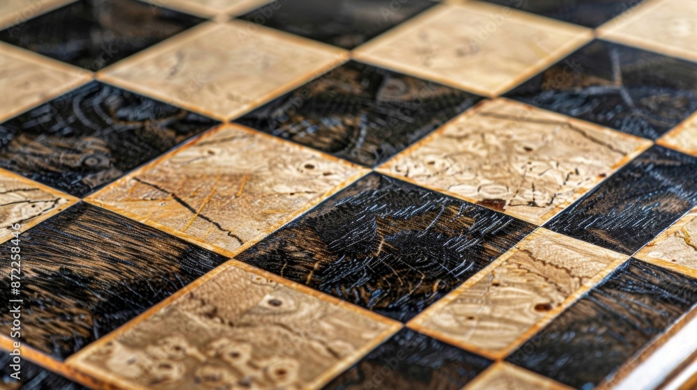 Poster a shot of a handcrafted chess board showcasing its unique construction with uneven edges and a perfe