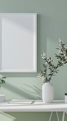 Sleek office mockup with light pastel green walls, white desk, and an empty white frame in a vertical format.