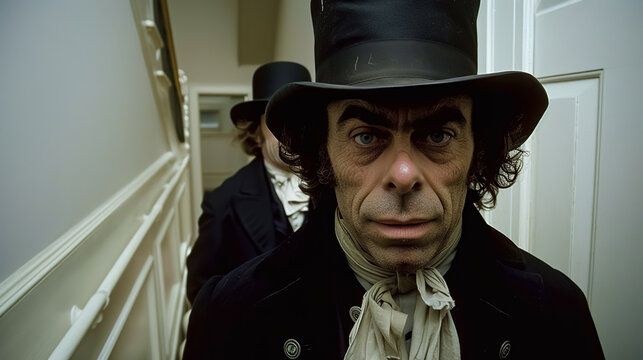 Portrait of a respectable Victorian gentleman in a top hat and jacket in an interior with white walls