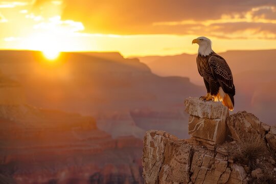 an eagle perched on a cliff, with a gorgeous sunset in the distance