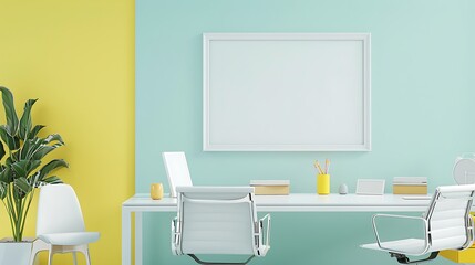 Sleek office mockup with minimalist white furniture, vibrant yellow decor, and an empty white frame on a light blue wall in a  layout.