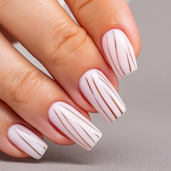 Closeup to woman hands with elegant neutral colors manicure. Beautiful natural looking white nail polish , generated by AI. High quality photo