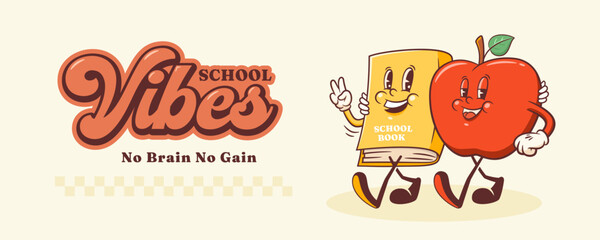 Groovy Back to School Retro Characters Banner. Cartoon Book and Apple Walking and Smiling. Vector Education Mascot Templates. Happy Vintage Cool Learning Personage Illustrations Isolated