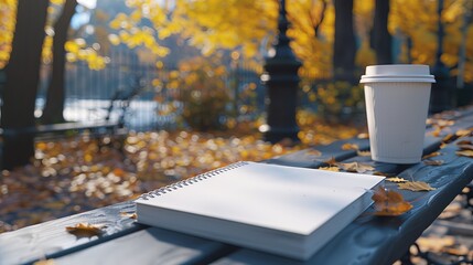 Empty White Notebook Mockup and Coffee Cup on Park Bench. Autumn Study Concept. Generative ai