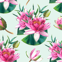 Seamless pattern with pink flowers, green leaves, buds of water lily and sprig of bamboo. Hand drawn watercolor illustration of exotic lotus on green background. Botanical drawing for textile design