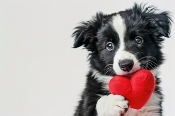 Fototapeta premium Ultra sharp image featuring a delightful Border Collie puppy presenting a red heart with its mouth