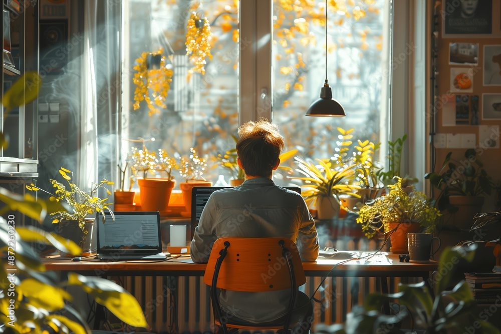 Poster a person working at a desk by a window with sunlight streaming in