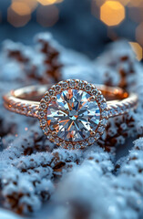 Fototapeta premium A gold and diamond ring is set in a bed of white flowers