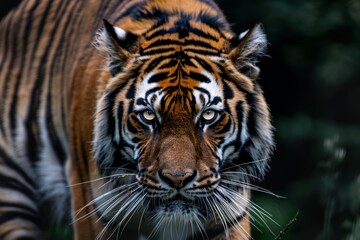 a tiger looking menacing, close up, looking forward