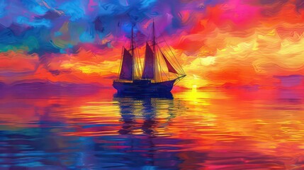 Obraz premium Colorful abstract digital painting of a sailing ship against a vibrant sunset sky reflected in water. Generative AI