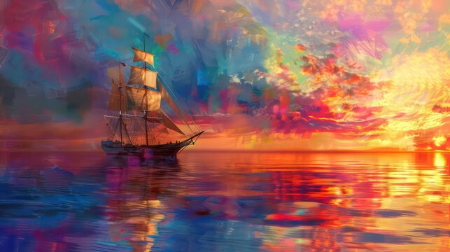 Colorful abstract digital painting of a sailing ship against a vibrant sunset sky reflected in water. Generative AI