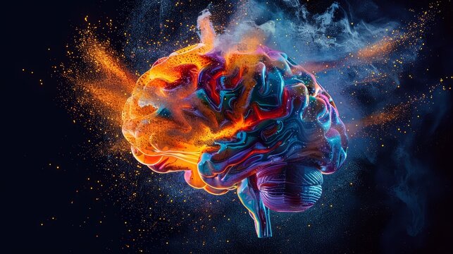 A striking visual of a brain with explosive fireworks of colors and designs