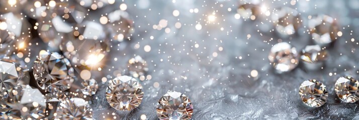 Exquisite crystal diamonds with meticulous craftsmanship, highlighting shimmering light effects for a luxurious feel against a softly glowing grey background