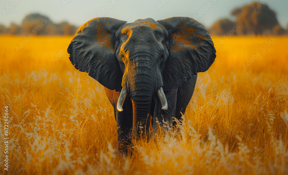 Poster a large elephant standing in tall grass. the elephant is the main focus of the image and it is in a 