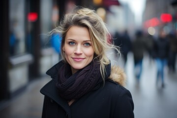 Fototapeta premium Beautiful young woman in black coat and scarf walking in the city