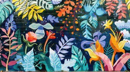 Fototapeta premium colorful urban mural featuring a diverse array of whimsical plants and animals in a tropical jungle setting. Generative AI