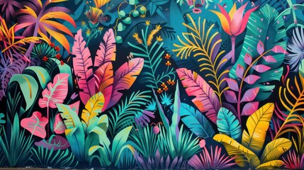 colorful urban mural featuring a diverse array of whimsical plants and animals in a tropical jungle setting. Generative AI