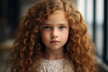 Portrait of a cute little girl with long curly hair. Close-up.