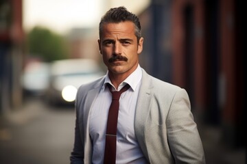 Naklejka premium Handsome middle aged businessman standing outdoors in a city street.