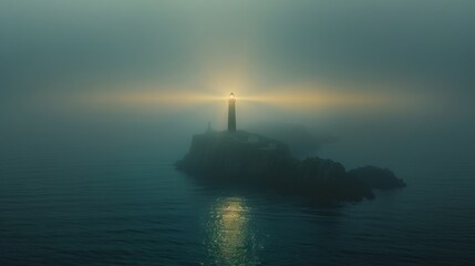 Fototapeta premium Lighthouse in foggy sea. A lone lighthouse stands tall against a backdrop of swirling fog, its beacon piercing through the mist and illuminating the sea.